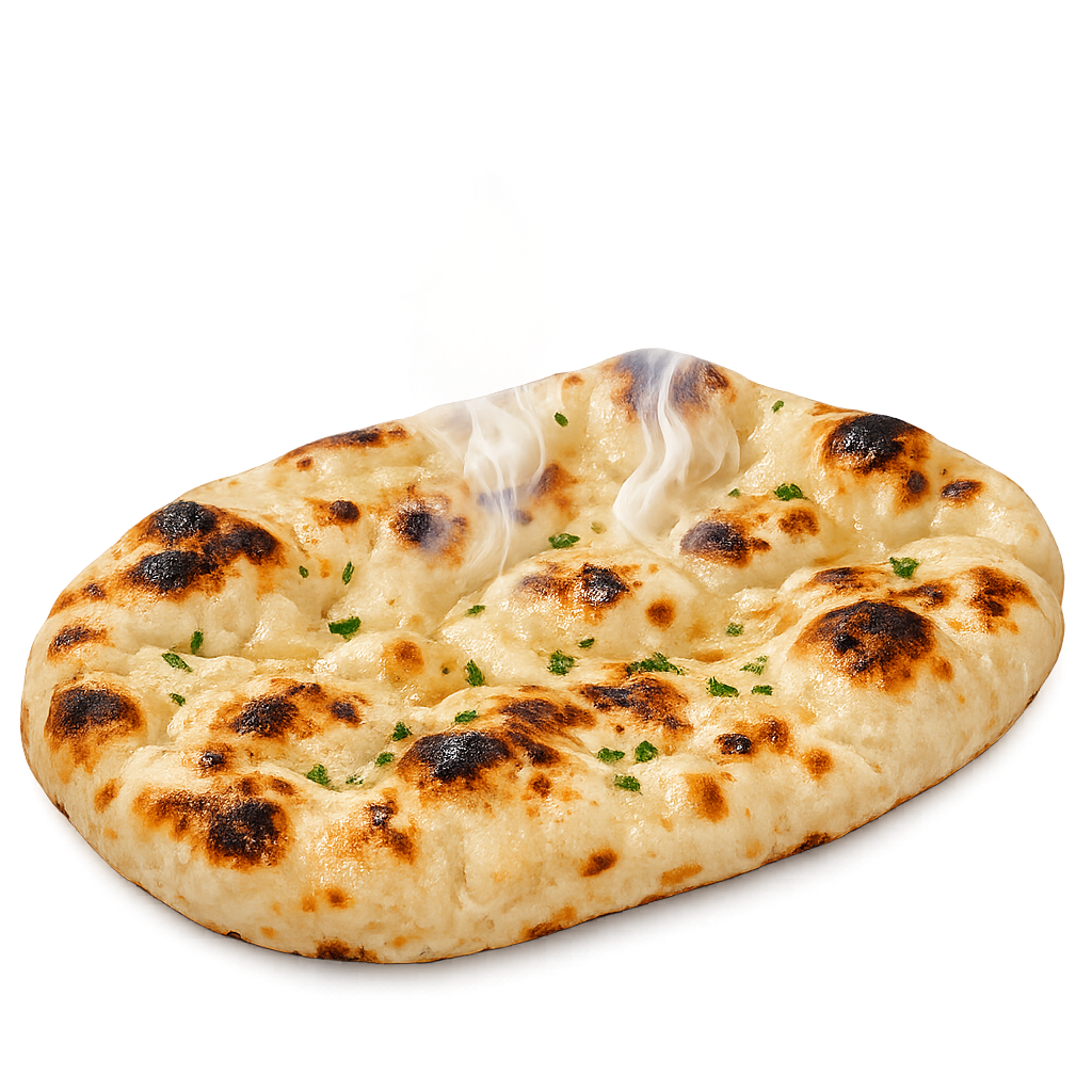 A hand-stretched naan, blistered and brushed with butter.